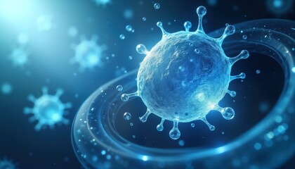 Leinwandbilder - Digital illustration shows cellular structures with precise details. Stem cells visualized in scientific tech visual. Blue, white colors make image precise. Image shows cell chemistry. Used in