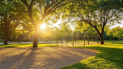 Poster - A picturesque urban park with a fitness circuit featuring pull-up bars, push-up platforms, and parallel bars under tall trees.