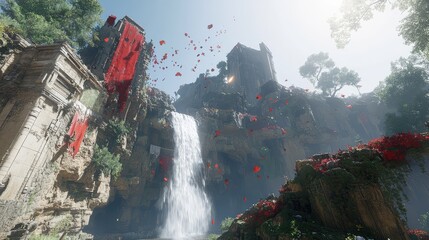 Poster - A powerful waterfall tumbling over a rugged cliff, with mist filling the air and bright sunlight illuminating the scene.