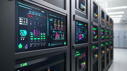 Poster - server racks with glowing screens displaying processing and analyzing data in a data center, represe