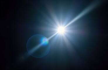 Poster - Bright light burst with lens flare effect. Light rays, glow radiate from central point against dark background. Abstract design perfect for wallpaper illustration. Design evokes intense light source.