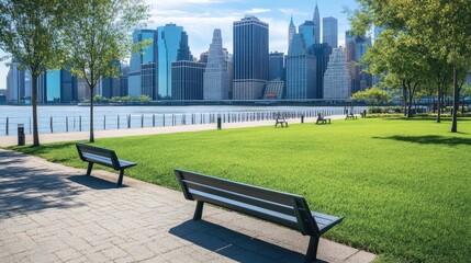 Poster - A quiet waterfront urban park with sleek benches, manicured lawns, and scenic views of a modern skyline.