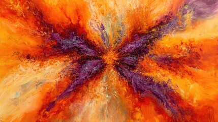 Poster - A radiant burst of orange, red, and purple powder colliding in mid-air, creating a fiery effect with an energetic and dramatic vibe.