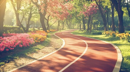 Poster - A running track in a scenic park surrounded by vibrant trees and blooming flowers, with the morning sun casting long shadows across the path.