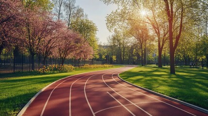 Poster - A running track in a scenic park surrounded by vibrant trees and blooming flowers, with the morning sun casting long shadows across the path.
