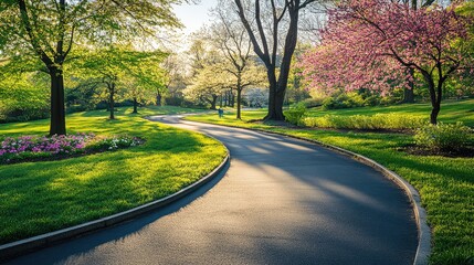 Poster - A running track in a scenic park surrounded by vibrant trees and blooming flowers, with the morning sun casting long shadows across the path.