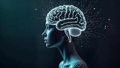 Aufkleber - Woman profile futuristic view with glowing brain model. Female profile shows neural connections. Visualization of human mind, tech connection. Innovative concept of human brain with AI elements.