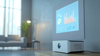 Poster - Modern Smart Home Projector Displaying Data Analytics on Wall in Living Room
