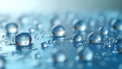 Poster - Closeup view of water droplets on blue surface. Round transparent droplets create beautiful pattern. Fresh, clean water imagery. Perfect for illustrating purity, nature beauty. Clear water. Cool,