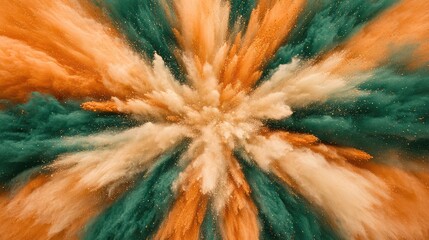 Poster - A symmetrical explosion of green and orange powders creating a visually captivating abstract piece.