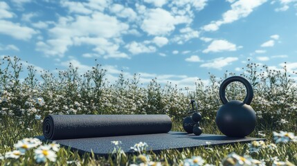 Poster - A tranquil meadow with a yoga mat, a set of dumbbells, and a kettlebell placed on the grass under a clear blue sky.
