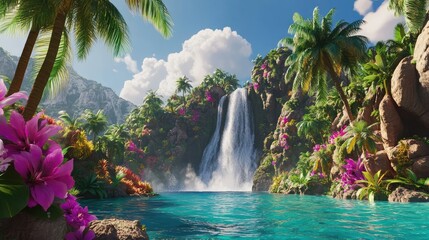 Poster - A tropical waterfall surrounded by towering palms and colorful plants, with water splashing into a turquoise lagoon.