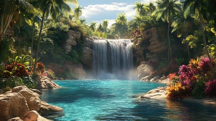 Poster - A tropical waterfall surrounded by towering palms and colorful plants, with water splashing into a turquoise lagoon.