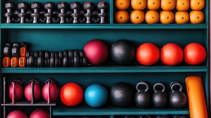 Aufkleber - A vibrant gym scene featuring medicine balls, kettlebells, and foam rollers arranged on shelves in a training area.