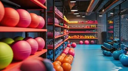 Aufkleber - A vibrant gym scene featuring medicine balls, kettlebells, and foam rollers arranged on shelves in a training area.