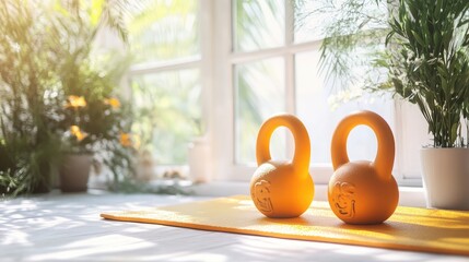 Poster - A vibrant workout setup featuring a pair of kettlebells, a yoga mat, and an open window letting in fresh air.