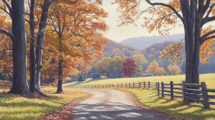 Poster - A winding country road lined with vibrant autumn trees, their branches forming a colorful canopy overhead, and a thick layer of fallen leaves covering the path.