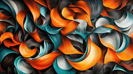Poster - Bright orange and teal waves forming intricate curves against a dark backdrop, creating a lively abstract pattern.