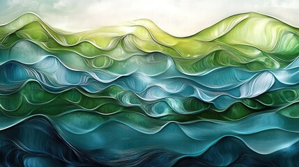 Poster - Layers of green and aqua waves flowing softly, forming a calming abstract pattern reminiscent of nature.