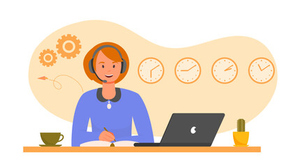 Poster - Illustration of a customer support representative wearing a headset, working at a desk with a laptop, coffee cup, and cactus. Clocks and gears in background. Vector illustration