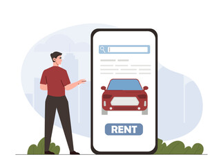 Poster - A person standing near a large smartphone screen displaying a car rental app with a red car and Rent button. Minimalistic style, urban background. Vector illustration