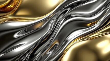 Poster - Smooth metallic waves in shades of silver and gold, creating a luxurious and futuristic abstract design.