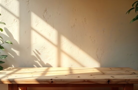 Empty wooden table near stucco wall. Sunlight casts shadows through window. Great for product displays. Suitable for interior design inspiration. Warm, bright ambiance. Ideal for advertising products.