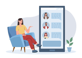 Poster - Woman sitting in an armchair engaging in a virtual chat display on a large smartphone screen. Minimalist background, concept of online communication. Vector illustration