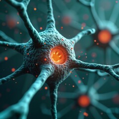 Poster - Illustration shows single synapse neurotransmitters released. Nerve cells communicate, impact feelings, memories. Microscopic view shows complex interactions between nerve cells. Illustration