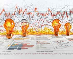 Poster - Illuminated light bulbs on financial charts depicting market trends and ideas.