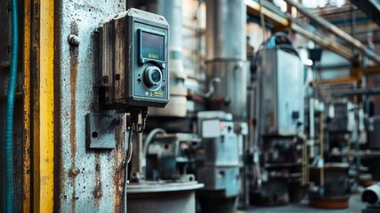 Poster - Electronic control panel attached to a metal pillar is monitoring the production process inside a bustling manufacturing plant, ensuring smooth operations and quality control