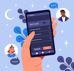Poster - Hand holding smartphone with dark mode settings screen, surrounded by chat icons and abstract elements on light blue background. Concept of technology and communication. Vector illustration