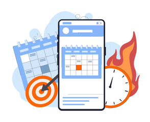 Poster - Illustration of calendars, a smartphone, a target, a clock, and flames on a white background. Represents time management, deadlines, and scheduling. Vector illustration