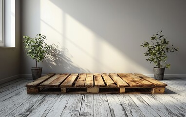 Poster - Rustic wooden pallet platform in minimalist room.
