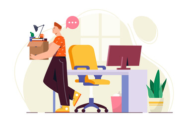 Poster - Illustration of a man carrying a box of office items near a desk with a chair, computer, and plant. Modern flat design on a light background. Concept of resignation. Vector illustration