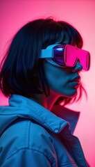 Aufkleber - Stylish cyberpunk girl poses with futuristic goggles. Neon pink, blue light illuminates face, trendy jacket. Image evokes futuristic fashion concept. Woman with short dark hair in profile view. Look