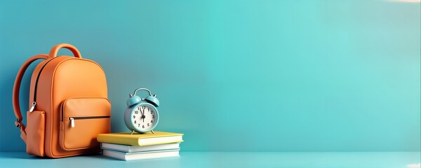 Aufkleber - Back to school concept. Orange backpack, stack of books with blue alarm clock sit on light blue studio background. Modern educational design. Study time concept. School supplies isometric 3d objects.