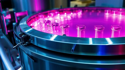 Poster - modern pharmaceutical equipment sterilizing vials with ultraviolet light, enhancing product safety a