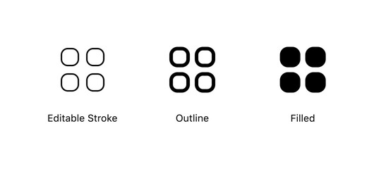 Poster - Menu icon set. layout grid icon ; photo grid icon ; photos frame collage icon ; grid menu icon sign button in editable stroke, outline, solid or filled style