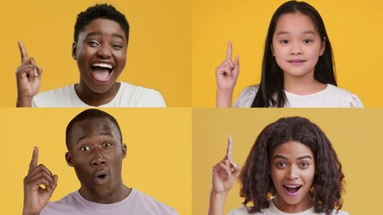 Poster - A collection of diverse individuals showcasing different gestures and emotions. Each person demonstrates excitement, surprise, thoughtfulness, and curiosity against a bright yellow background.