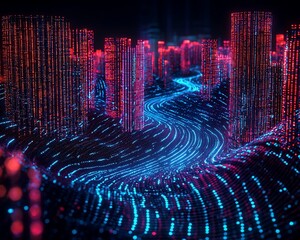 Poster - Futuristic city scape with glowing lines and data streams.