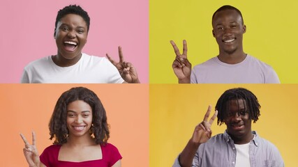 Poster - Four people from diverse backgrounds display a range of emotions and gestures against colorful backgrounds. Each individual communicates joy and connection through their expressive poses.