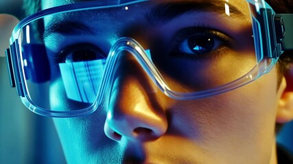 Poster - close up portrait of a manufacturing engineer wearing protective glasses, working in a modern factor