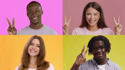 Poster - A collection of four individuals displaying joyful emotions and peace signs against colorful backgrounds. Each person showcases unique gestures, symbolizing connection and diversity.