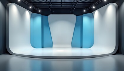 Poster - Empty studio backdrop with modern design. Blue, white walls. Clean, minimalist style. Suitable for TV show, presentation, news broadcast set. Future tech studio backdrop. Pro corporate image.
