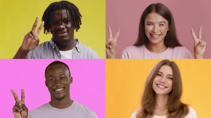 Leinwandbilder - Four diverse individuals showcase their emotions through playful gestures against colorful backgrounds.