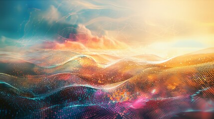 Poster - Vibrant Digital Landscape with Waves and Light Effects in Warm Colors