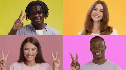 Poster - A collection of four diverse individuals sharing positive emotions through peace signs against vibrant backgrounds.