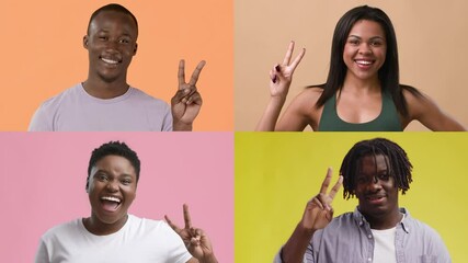 Poster - A collection of diverse individuals each showcasing unique emotions and positive gestures, all set against bold, colorful backgrounds. The multiracial group emphasizes connection and joy.