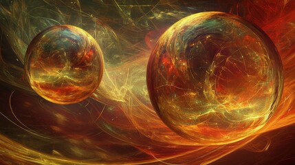 Poster - Interconnected Spheres Symbolizing Data Exchange in a Vibrant Cosmic Setting